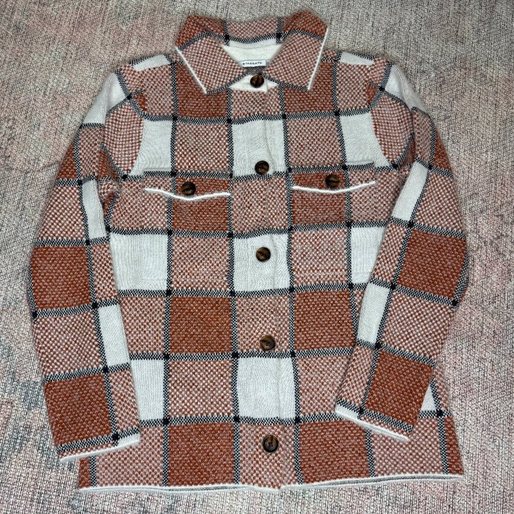 Staccato Brown/Orange, Black, and White Plaid Button-Down Shirt Shacket S